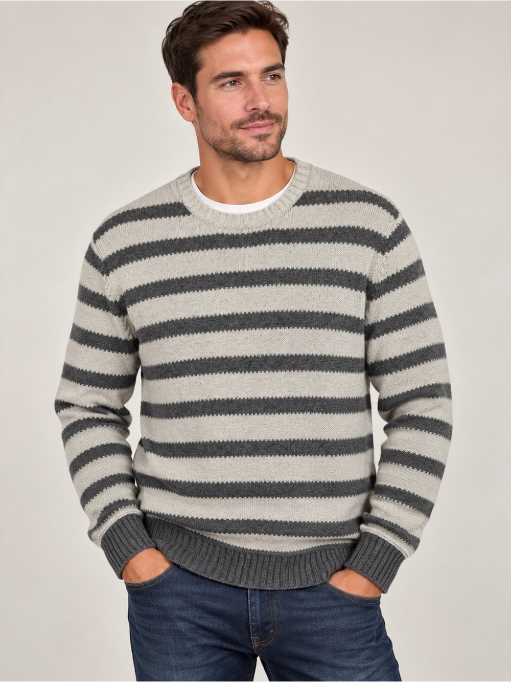 Gap Men's Gray & Cream Striped Crewneck Sweater Wool Blend Large